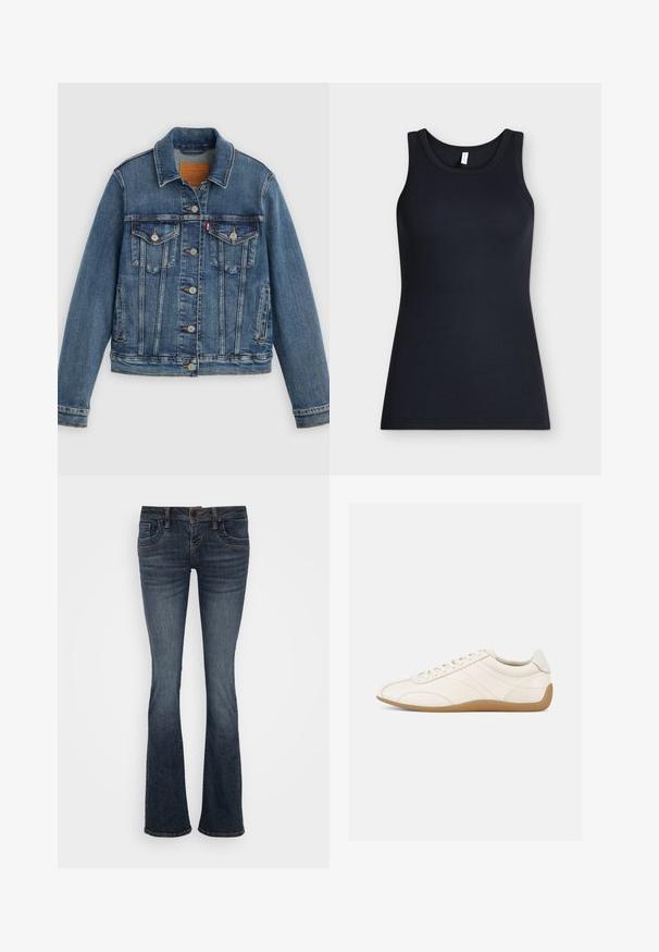 Blaue Denimjacke mit klassischem Schnitt, Knopfleiste, zwei Brusttaschen und Lederetikett. Verfügt über kontrastierende Nähte und eine leicht abgenutzte Textur.; Schwarzes ärmelloses, geripptes Tanktop mit rundem Ausschnitt, flach auf hellem Hintergrund dargestellt.; Dunkelblaue ausgestellte Jeans mit mittelhohem Bund, fünf Taschen und subtilen Stichakzenten. Hergestellt aus Denim mit glatter Textur.; Weißer Ledersneaker mit glatter Textur, abgerundetem Zehenbereich und tonalen Nähten. Verfügt über eine braune Gummisohle und eine Schnürverschluss.