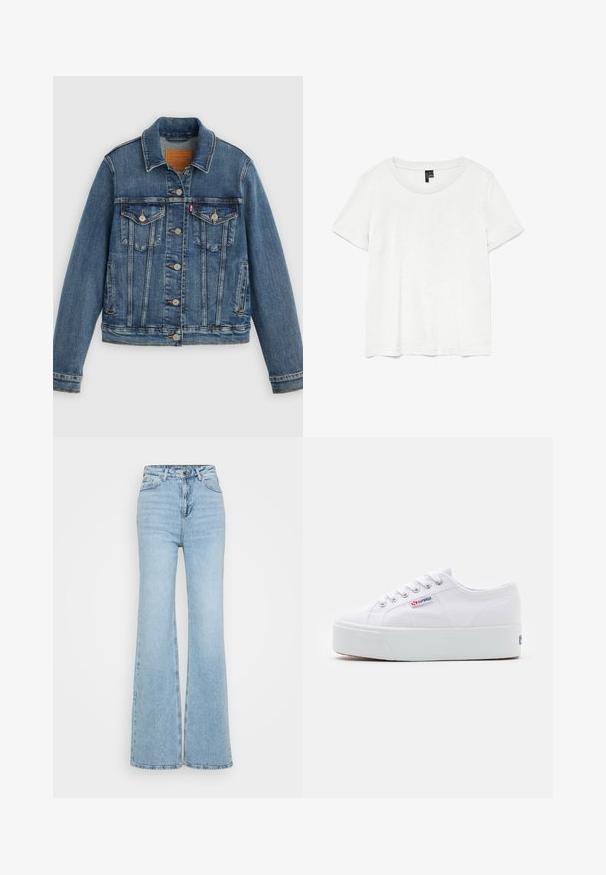 Blaue Denimjacke mit klassischem Schnitt, Knopfleiste, zwei Brusttaschen und Lederetikett. Verfügt über kontrastierende Nähte und eine leicht abgenutzte Textur.; Weißes T-Shirt mit kurzen Ärmeln und rundem Ausschnitt, hergestellt aus leichtem Stoff. Schlichtes Design, glatte Textur und gerader Saum.; Helle blaue Schlagjeans aus Denim, mit hohem Bund, Fünf-Taschen-Design und ungesäumtem Saum unten. Die Textur ist leicht abgenutzt.; Weiße Leinenschuhe mit einer dicken weißen Plattformsohle, runder Zehenpartie und Metallösen für die Schnürsenkel. Markenlogo an der Seite angebracht.
