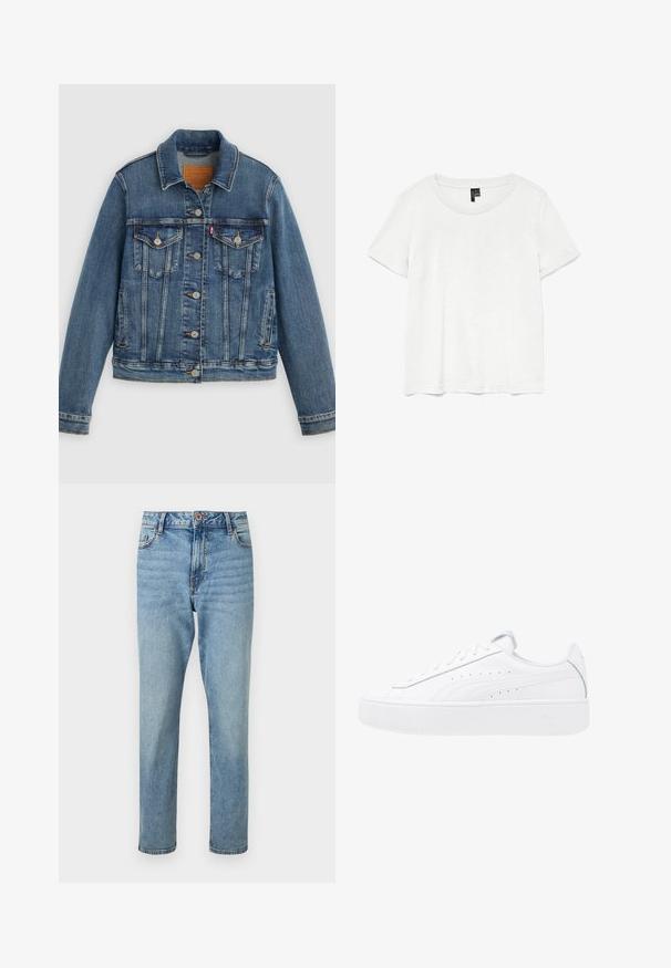 Chaqueta de mezclilla azul con corte clásico, cierre de botones, dos bolsillos en el pecho y etiqueta de cuero. Presenta costuras en contraste y una textura ligeramente desgastada.; Camiseta blanca de manga corta con un cuello redondo, hecha de tejido ligero. Diseño simple, textura suave y dobladillo recto.; Vaqueros azul claro de tiro alto y pierna recta con cierre frontal de botón y cremallera, bolsillos delanteros y sutiles detalles descoloridos.; Zapatillas de plataforma blancas con parte superior de cuero, puntera redonda y cierre de cordones. Presenta perforaciones laterales y un sutil logotipo en el talón.