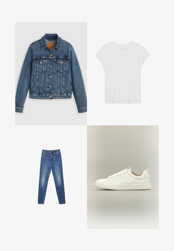 Blå denimjakke med klassisk pasform, knaplukning foran, to brystlommer og lædermærke. Har kontrast syninger og en let slidt struktur.; Hvid kortærmet t-shirt med rund hals, afslappet pasform, lavet af blødt bomuldsstof. Glat tekstur, ingen mønstre eller logoer.; Blå high-waist slim-fit denimjeans med lommer foran og bagpå, knaplukning og diskrete falmede detaljer på lår og knæ.; Hvid lav sneaker med snørebånd, perforerede sidedetaljer og en trækflap på hælen, sat mod en neutral baggrund.