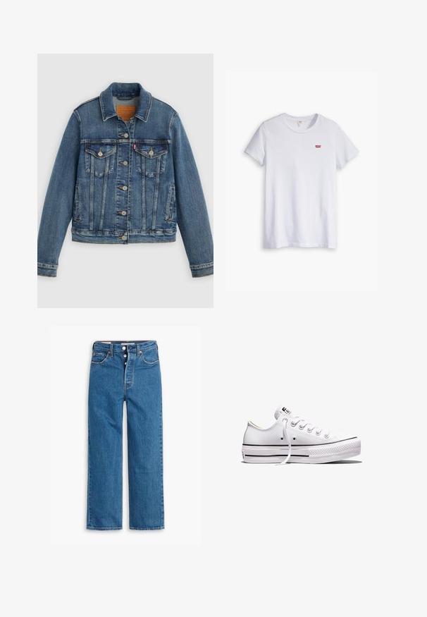 Blå denimjakke med klassisk pasform, knaplukning foran, to brystlommer og lædermærke. Har kontrast syninger og en let slidt struktur.; Hvid bomulds t-shirt med korte ærmer og rund halsudskæring. Har et lille rødt Levi's-logo på venstre brystområde.; Blå denim lige ben jeans med høj talje, fem lomme design og knaplukning. Markante syninger og kobberfarvede nitter.; Lavtop hvid lærredsneaker med hvide snørebånd, gummisål, sorte stribedetaljer og logo-patch på tungen og hælen.