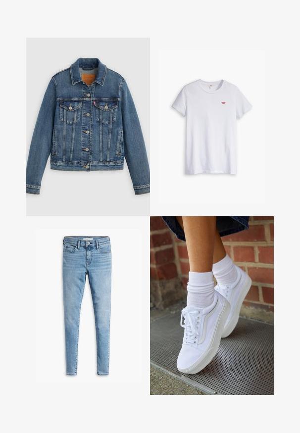 Blå denimjakke med klassisk pasform, knaplukning foran, to brystlommer og lædermærke. Har kontrast syninger og en let slidt struktur.; Hvid bomulds t-shirt med korte ærmer og rund halsudskæring. Har et lille rødt Levi's-logo på venstre brystområde.; Lyseblå super skinny jeans med frontknap og lynlås, bæltestropper og fem lommers design.; Hvide lærreds sneakers med gummisåler, der har seks snørehuller, rund tå og let sømdetaljer, krydret med hvide ankelstrømper.