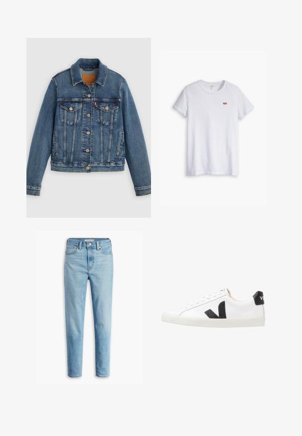 Blaue Denimjacke mit klassischem Schnitt, Knopfleiste, zwei Brusttaschen und Lederetikett. Verfügt über kontrastierende Nähte und eine leicht abgenutzte Textur.; Weißes Baumwoll-T-Shirt mit kurzen Ärmeln und rundem Ausschnitt. Besitzt ein kleines rotes Levi's-Logo auf der linken Brustseite.; Helle blaue, hoch geschnittene Jeans mit Fronttaschen, Gürtelschlaufen, Knopfverschluss und schmal zulaufenden Beinen vor einem weißen Hintergrund.; Weißer Sneaker mit einem schwarzen V-Logo, ausgestattet mit einem glatten Lederoberteil, runder Zehenpartie, Schnürverschluss und kontrastierendem schwarzen Fersenbereich.