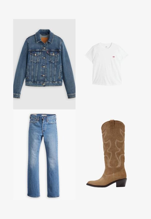 Blaue Denimjacke mit klassischem Schnitt, Knopfleiste, zwei Brusttaschen und Lederetikett. Verfügt über kontrastierende Nähte und eine leicht abgenutzte Textur.; Weißes Baumwoll-T-Shirt mit kurzen Ärmeln und Rundhalsausschnitt. Auf der linken Brust befindet sich ein kleines rotes Levi's-Logo. Glatte Textur.; Blaue Jeans aus Denim mit geradem Bein, hoher Taille, klassischer Fünf-Taschen-Optik und auffälligen Verblassungen an den Oberschenkeln.; Brauner Cowboy-Stiefel aus Wildleder bis zur Mitte der Wade mit dekorativen weißen Nähten und einem gestapelten Blockabsatz.