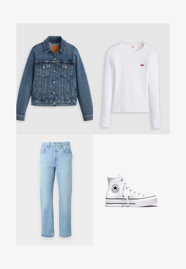 Chaqueta de mezclilla azul con corte clásico, cierre de botones, dos bolsillos en el pecho y etiqueta de cuero. Presenta costuras en contraste y una textura ligeramente desgastada.; Camiseta blanca de manga larga Levi's con cuello redondo y pequeño logo rojo de Levi's en el pecho izquierdo, presentada sobre un fondo liso.; Vaqueros azul claro de talle alto y pierna recta con bolsillos delanteros y traseros, trabillas para el cinturón y cierre de botón.; Zapatilla Converse Chuck Taylor All Star blanca de caña alta con rayas negras y parche de logo en el lateral, mostrada sobre un fondo blanco liso.
