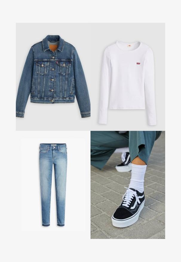 Blå denimjakke med klassisk pasform, knaplukning foran, to brystlommer og lædermærke. Har kontrast syninger og en let slidt struktur.; Hvid Levi's langærmet skjorte med rund halsudskæring og lille rødt Levi's-logo på venstre bryst, vist på en ensfarvet baggrund.; Lyseblå denim jeans med slim fit, fem-lommes design, kontrastsyet og let slidte kanter ved anklerne.; Sorte ruskinds sneakers med hvide accenter og snørebånd, der har en tyk hvid sål og kontrasterende syninger, parret med en hvid sok.