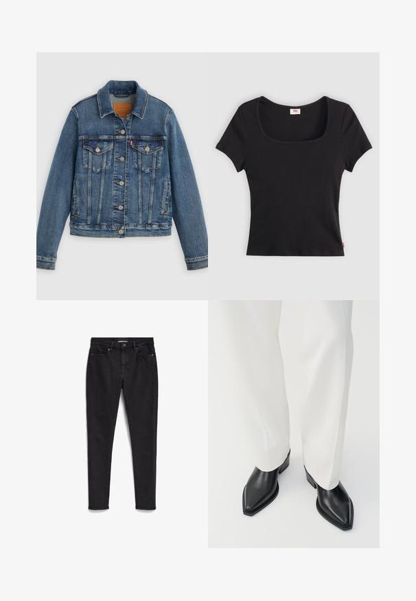 Blauwe spijkerjasje met klassieke pasvorm, knoopsluiting aan de voorkant, twee borstzakken en een leren label. Heeft contrasterende stiksels en een licht versleten textuur.; Zwarte top met korte mouwen van ribstof, met een brede vierkante halslijn en een aansluitende pasvorm, voorzien van een klein rood logo-label aan de onderrand.; Zwarte skinny jeans gemaakt van denim; vijf-pocket ontwerp met een rits en knoopsluiting. Heeft een subtiele textuur en een schone, minimalistische stitching.; Zwarte puntige enkellaarzen met een gladde leren afwerking, lage blokhakken, gecombineerd met witte wijde broekspijpen. Eenvoudig en modern design.