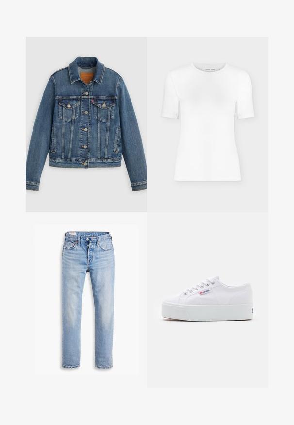 Blauwe spijkerjasje met klassieke pasvorm, knoopsluiting aan de voorkant, twee borstzakken en een leren label. Heeft contrasterende stiksels en een licht versleten textuur.; Wit T-shirt met korte mouwen en een ronde hals, een slanke pasvorm en geribbelde stof, weergegeven op een effen lichtgrijze achtergrond.; Lichtblauwe spijkerbroek met een rechte snit, twee zijzakken en een knoopsluiting. Verweerd textuur met lichte vervaging bij de knieën.; Witte canvas sneaker met een dikke witte platformzool, ronde neus en metalen oogjes voor veters. Merkl logo aan de zijkant weergegeven.