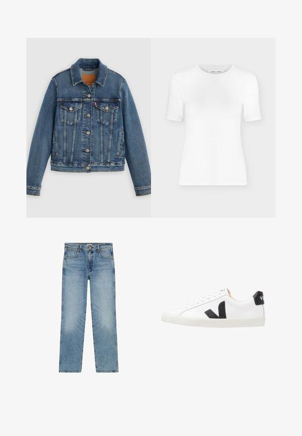 Chaqueta de mezclilla azul con corte clásico, cierre de botones, dos bolsillos en el pecho y etiqueta de cuero. Presenta costuras en contraste y una textura ligeramente desgastada.; Camiseta blanca de manga corta con cuello redondo, ajuste slim y textura de tejido acanalado, mostrada sobre un fondo liso gris claro.; Vaqueros de mezclilla azul claro con un diseño de pierna recta, que presentan cinco bolsillos, un cierre de botón y un ligero desvanecimiento en la parte delantera.; Zapatilla blanca con un logo en V negro, con una parte superior de cuero liso, puntera redonda, cierre de cordones y una lengüeta en el talón de color negro en contraste.