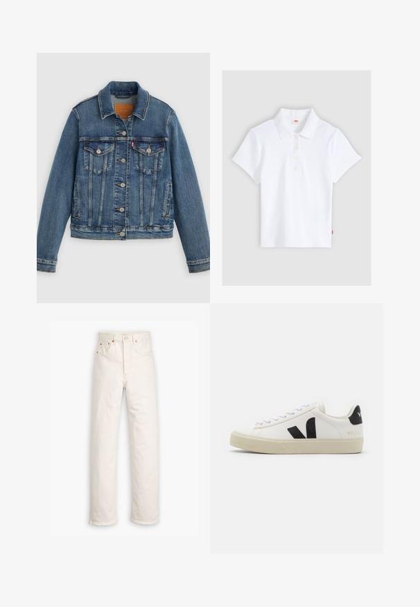 Veste en denim bleu coupe classique, boutons sur le devant, deux poches poitrine et étiquette en cuir. Présente des coutures contrastantes et une texture légèrement usée.; Polo blanc à manches courtes en maille côtelée avec col et quatre boutons, étalé à plat sur un fond gris clair.; Jeans en denim blanc avec un design à jambe droite, style cinq poches et accents en métal cuivré. Finition effilochée au niveau des chevilles.; Baskets en cuir blanc avec un logo V en caoutchouc noir. Semelle texturée blanc cassé, lacets blancs et détail sur le talon arrière portant le nom de la marque en noir.