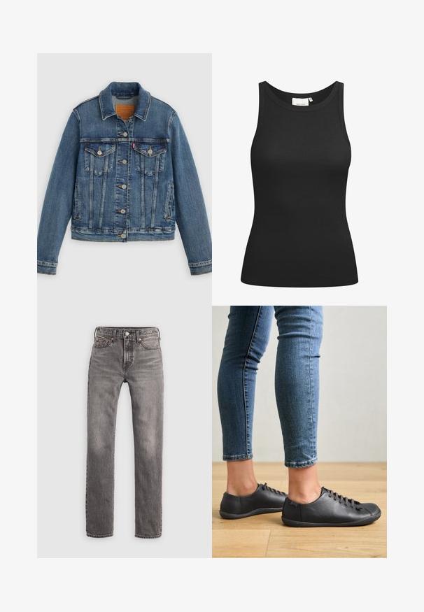 Blauwe spijkerjasje met klassieke pasvorm, knoopsluiting aan de voorkant, twee borstzakken en een leren label. Heeft contrasterende stiksels en een licht versleten textuur.; Zwarte tanktop van ribstof, met een ronde hals en een aansluitende pasvorm. Platte naden en zonder versieringen. Eenvoudig en strak ontwerp.; Slim-fit grijze gewassen herenjeans met vijf zakken, riemlussen en knoopsluiting, plat neergelegd op een witte achtergrond.; Zwarte leren schoenen met een ronde neus, lage profiel en vetersluiting. Gecombineerd met blauwe, aansluitende jeans en een houten vloer als achtergrond.