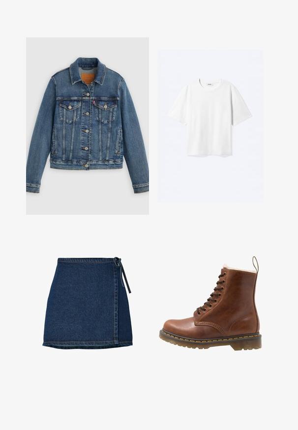 Veste en denim bleu coupe classique, boutons sur le devant, deux poches poitrine et étiquette en cuir. Présente des coutures contrastantes et une texture légèrement usée.; T-shirt blanc à manches courtes avec col rond et ourlet droit, étiquette de marque "WEEKDAY" à l’intérieur de l’encolure.; Jupe en denim avec un design enroulé, de couleur bleu foncé, et une taille nouée. Présente des détails de couture le long de l'ourlet et de la couture latérale.; Bottine en cuir marron avec doublure en fourrure, bout arrondi, lacets à l'avant et surpiqûres jaunes le long de la semelle. Semelle extérieure en caoutchouc robuste pour une meilleure adhérence.