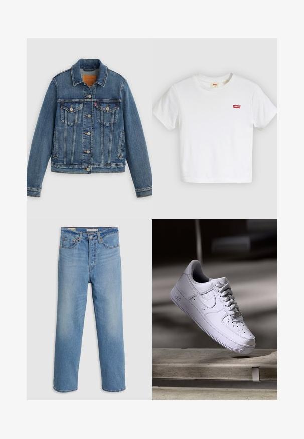 Blå denimjakke med klassisk pasform, knaplukning foran, to brystlommer og lædermærke. Har kontrast syninger og en let slidt struktur.; Hvid T-shirt med korte ærmer og rund halsudskæring med lille rødt Levi's-logo på venstre bryst.; Lysblå lige ben denimbukser med forlommer, bæltestropper og en knaplukning på en ensfarvet baggrund.; Hvid Nike Air Force 1 sneaker svævende over en betonoverflade med skygger i et minimalistisk miljø.