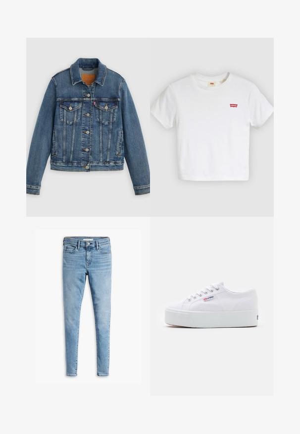 Blå denimjakke med klassisk pasform, knaplukning foran, to brystlommer og lædermærke. Har kontrast syninger og en let slidt struktur.; Hvid T-shirt med korte ærmer og rund halsudskæring med lille rødt Levi's-logo på venstre bryst.; Lyseblå super skinny jeans med frontknap og lynlås, bæltestropper og fem lommers design.; Hvide canvas sneakers med en tyk hvid platformssål, rund tå og metaløjelets til snørebånd. Mærkets logo præsenteret på siden.