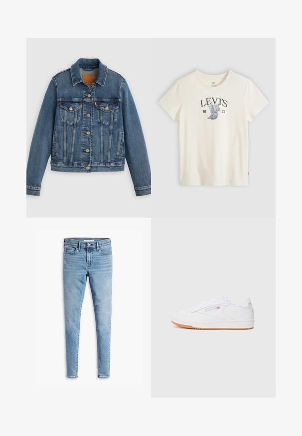 Blå denimjakke med klassisk pasform, knaplukning foran, to brystlommer og lædermærke. Har kontrast syninger og en let slidt struktur.; Hvid Levi's t-shirt med kortærmet og grafik af blå cowboystøvler samt "LEVI'S 1873" trykt på brystet.; Lyseblå super skinny jeans med frontknap og lynlås, bæltestropper og fem lommers design.; Hvide lædersneakers med lavt design, der har en tekstureret hvid gummisål og en tan gummiydersål. Diskrete logo-detaljer er til stede.