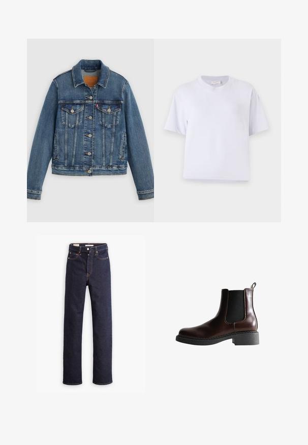 Blauwe spijkerjasje met klassieke pasvorm, knoopsluiting aan de voorkant, twee borstzakken en een leren label. Heeft contrasterende stiksels en een licht versleten textuur.; Witte katoenen t-shirt met een losse pasvorm, korte mouwen, ronde hals en zonder zichtbare patronen of versieringen. Gladde textuur.; Donkerblauwe straight-leg denim jeans met vijf zakken en zichtbare oranje stiksels op een witte achtergrond.; Bruine leren enkelboot met elastische zijpanelen, ronde neus en een gestructureerde zwarte rubberen zool. Heeft contrasterende stiksels en een lusje aan de achterkant.