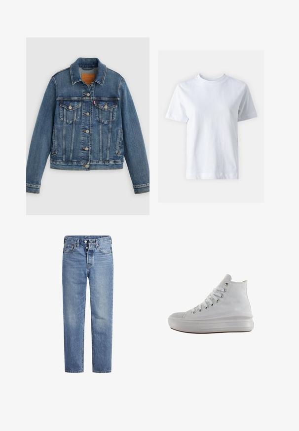 Veste en denim bleu coupe classique, boutons sur le devant, deux poches poitrine et étiquette en cuir. Présente des coutures contrastantes et une texture légèrement usée.; T-shirt en coton blanc avec un col rond, manches courtes, coupe droite et texture lisse. Sans motifs ni embellissements.; Jeans en denim bleu clair avec une coupe droite, un design à cinq poches et un bouton pression. Présentent une légère décoloration et des coutures orange en accent.; Baskets montantes en toile blanche avec lacets blancs, œillets métalliques, semelle épaisse en caoutchouc et bout texturé, orientées vers la gauche sur fond blanc.