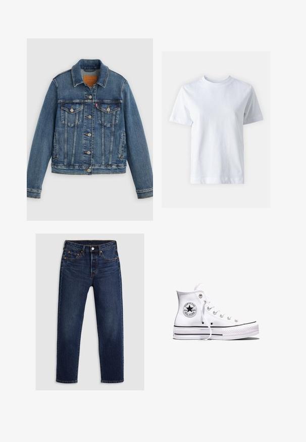 Veste en denim bleu coupe classique, boutons sur le devant, deux poches poitrine et étiquette en cuir. Présente des coutures contrastantes et une texture légèrement usée.; T-shirt en coton blanc avec un col rond, manches courtes, coupe droite et texture lisse. Sans motifs ni embellissements.; Jean en denim bleu foncé avec une coupe droite. Comprend une fermeture éclair avec un bouton, cinq poches et des coutures contrastantes.; Baskets blanches montantes Converse Chuck Taylor All Star avec des rayures noires et un patch logo sur le côté, présentées sur un fond blanc uni.