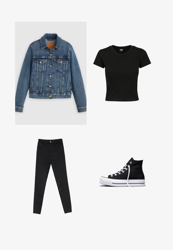 Blå denimjakke med klassisk pasform, knaplukning foran, to brystlommer og lædermærke. Har kontrast syninger og en let slidt struktur.; Sort kortærmet t-shirt lavet af glat bomuldsstof, med rund halsudskæring og en tætsiddende pasform. Ingen synlige mønstre eller accenter.; Sorte skinny jeans lavet af denim, med høj talje, fem-lomme design og rå kant ved anklerne. Klassisk knap- og lynlåslukning.; Sort high-top canvas sneaker med hvid gummisål og hvide snørebånd, vist fra siden mod en hvid baggrund.