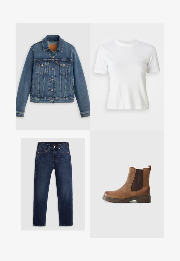 Blaue Denimjacke mit klassischem Schnitt, Knopfleiste, zwei Brusttaschen und Lederetikett. Verfügt über kontrastierende Nähte und eine leicht abgenutzte Textur.; Weiße, gerippte Kurzarm-T-Shirt mit Rundhalsausschnitt und kleinem Logo auf der Brust. Aus weichem Stoff gefertigt mit taillierter Passform.; Dunkelblaue Jeans aus Denim mit geradem Bein-Design. Verfügt über einen Reißverschluss mit Knopfverschluss, fünf Taschen und kontrastierende Nähte.; Braune Leder-Ankle-Boots mit elastischen Seitenpaneelen, runder Zehenpartie und einer strukturierten Gummisohle. Verstärkter Fersenriegel für ein einfaches An- und Ausziehen.