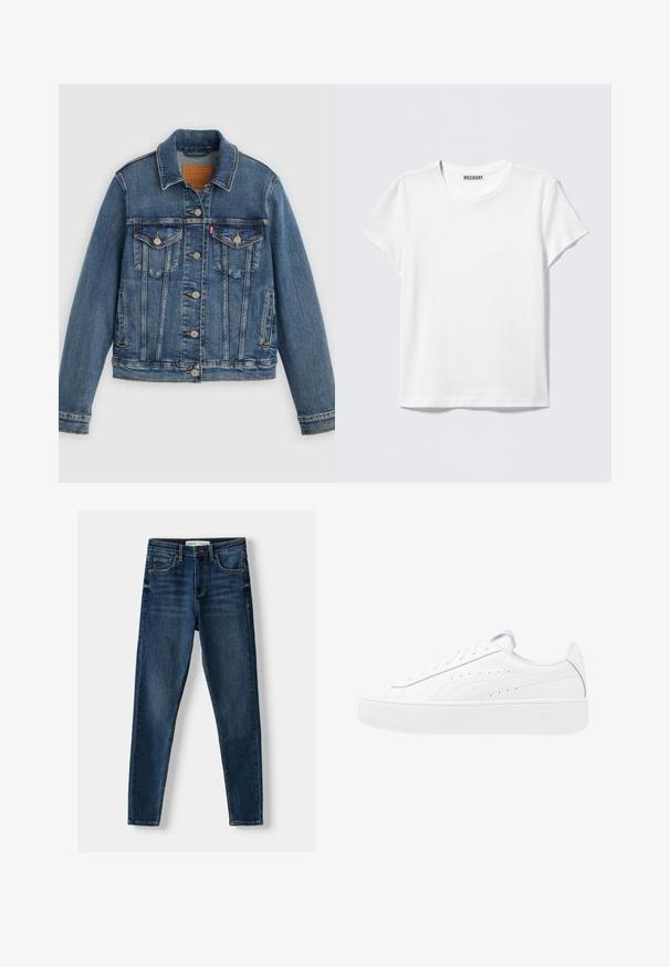 Blauwe spijkerjasje met klassieke pasvorm, knoopsluiting aan de voorkant, twee borstzakken en een leren label. Heeft contrasterende stiksels en een licht versleten textuur.; Effen wit T-shirt met korte mouwen en een ronde hals met een "WEEKDAY" label aan de binnenkant van de kraag, getoond op een lichtgrijze achtergrond.; Donkerblauwe denim skinny jeans met een klassiek vijf-pocket ontwerp, versterkte stiksels en een knoopsluiting. Gladde textuur, geen patronen.; Witte platte sneakers met leren bovenzijde, ronde neus en vetersluiting. Voorzien van zijperforaties en subtiele branding op de hak.