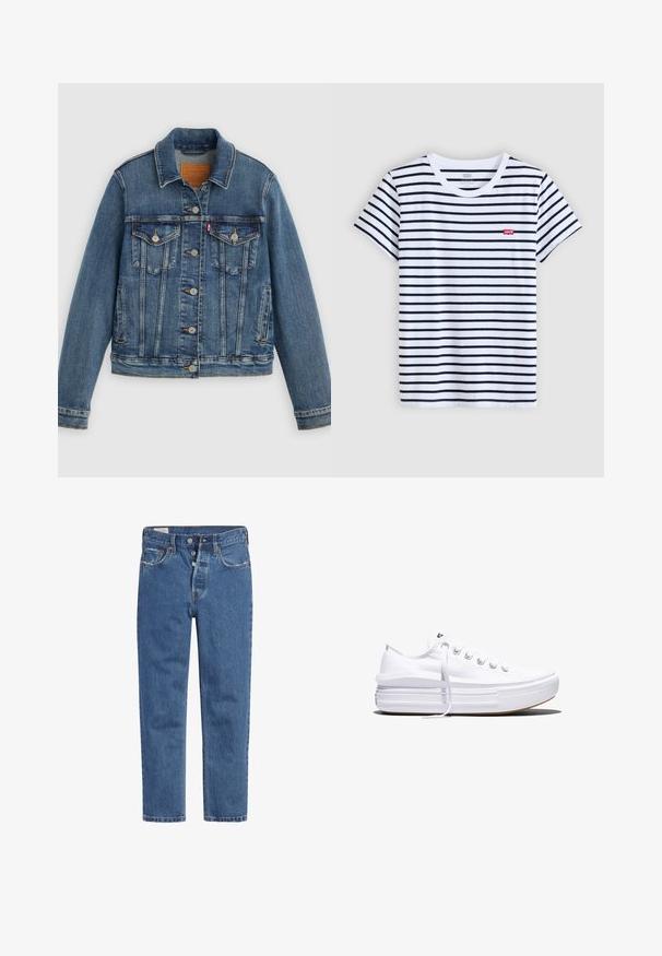 Blauwe spijkerjasje met klassieke pasvorm, knoopsluiting aan de voorkant, twee borstzakken en een leren label. Heeft contrasterende stiksels en een licht versleten textuur.; Wit T-shirt met korte mouwen en marineblauwe horizontale strepen, ronde hals en een klein rood Levi's-logo op de linkerborst. Zacht katoenen materiaal.; Blauwe denim jeans met een high-waisted ontwerp, vijf knopen sluiting en rechte pijpen. De stof heeft een gestructureerde, licht vervaagde afwerking.; Witte lage canvas sneaker met dikke plateauzool, veters aan de voorkant en rubberen toeskap met structuur, zijaanzicht.
