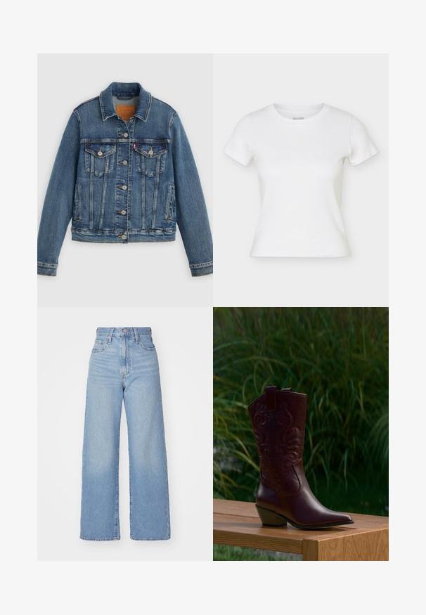 Blauwe spijkerjasje met klassieke pasvorm, knoopsluiting aan de voorkant, twee borstzakken en een leren label. Heeft contrasterende stiksels en een licht versleten textuur.; Wit, aansluitend T-shirt met korte mouwen en ronde hals, plat uitgestald met licht zichtbare zijnaden.; Lichtblauwe high-waist wijde jeans met een knoop- en ritssluiting aan de voorkant, voor- en achterzakken, op een witte achtergrond.; Donkerbruine leren cowboylaars met geborduurde patronen, lage schuine hak en aantreklapjes, geplaatst op een houten bank met groene planten op de achtergrond.