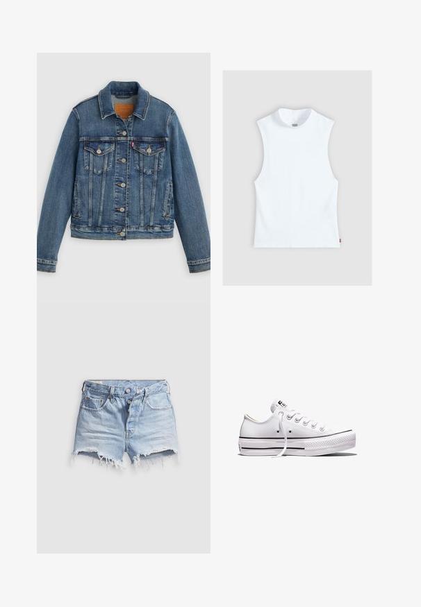 Veste en denim bleu coupe classique, boutons sur le devant, deux poches poitrine et étiquette en cuir. Présente des coutures contrastantes et une texture légèrement usée.; Top blanc sans manches en coton avec col rond haut et petite étiquette Levi's sur le côté, présenté sur un fond gris clair.; Shorts en denim bleu clair avec bords effilochés, cinq poches et fermeture à boutons. La texture est douce avec un aspect légèrement usé.; Baskets basses en toile blanche avec lacets blancs, semelle en caoutchouc, détails à rayures noires, et écusson logo sur la languette et le talon.