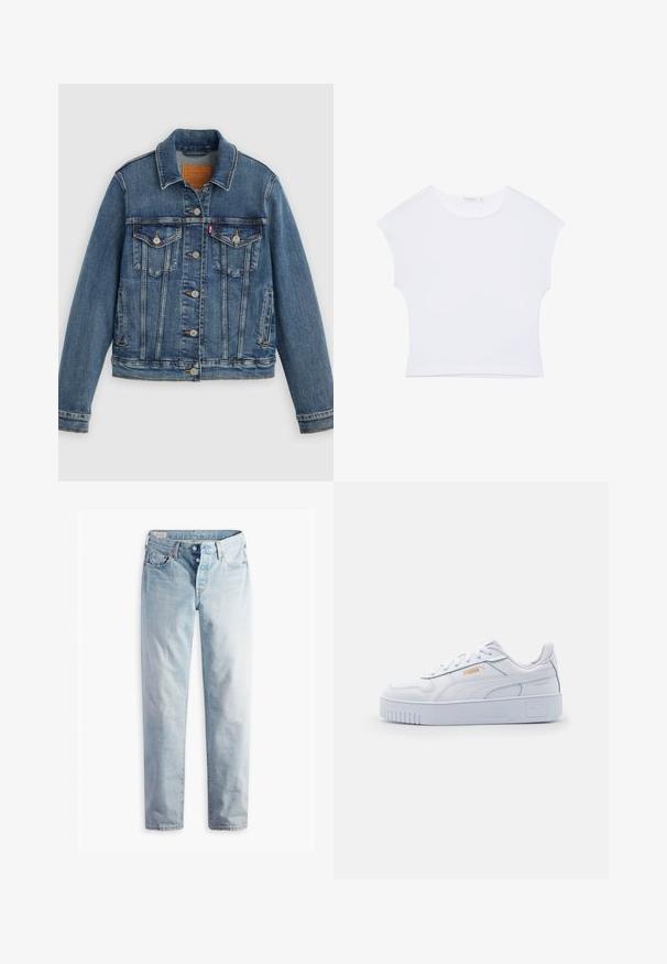 Blaue Denimjacke mit klassischem Schnitt, Knopfleiste, zwei Brusttaschen und Lederetikett. Verfügt über kontrastierende Nähte und eine leicht abgenutzte Textur.; Weißes kurzärmeliges, bauchfreies T-Shirt mit rundem Ausschnitt aus glattem Stoff, flach auf einem weißen Hintergrund liegend.; Hellblaue Jeans aus Denim mit geradem Bein, fünf Taschen und Metallknöpfen am Standardbund.; Weiße Leder-Sneaker mit einer klobigen Sohle, die über eine glatte Textur, ein minimalistisches Design, Seitenstreifen und ein kleines Logo-Detail verfügen.