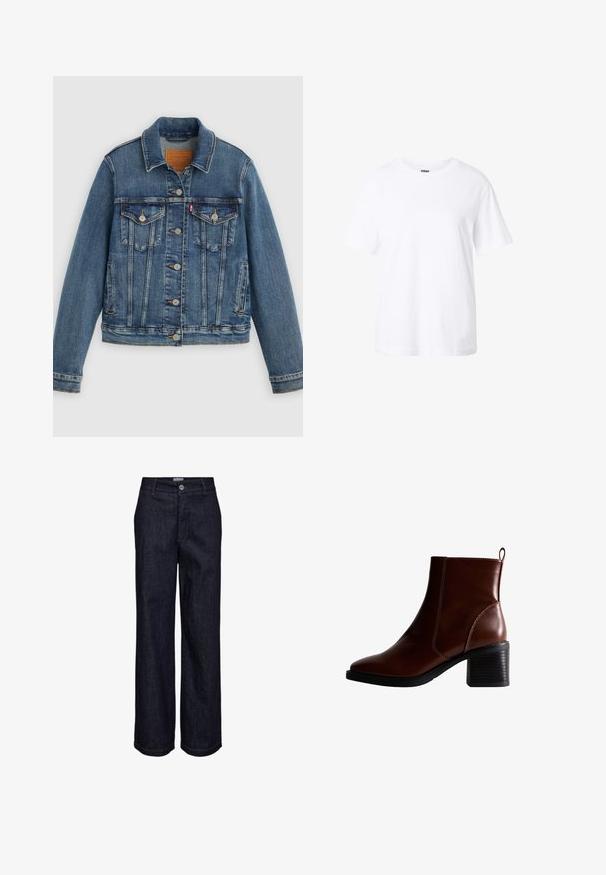 Blå denimjakke med klassisk pasform, knaplukning foran, to brystlommer og lædermærke. Har kontrast syninger og en let slidt struktur.; Enkelt hvid t-shirt med korte ærmer og rund hals, afslappet pasform og lille label inde i kraven.; Mørkeblå denimjeans med lige ben, knap- og lynlåslukning, bæltestropper og synlige syningsdetaljer.; Brun læder ankelstøvle med firkantet tå og sidesøm, en 7,5 cm stablet hæl og en trækflap bagpå for nem påtagning.
