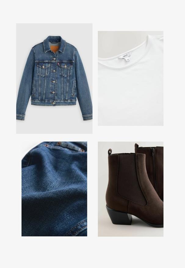 Blå denimjakke med klassisk pasform, knaplukning foran, to brystlommer og lædermærke. Har kontrast syninger og en let slidt struktur.; Hvid kortærmet T-shirt lavet af blød bomuld, med en rund halsudskæring og et label med "NEXT" på den indre ryg.; Denimstof i mørkeblå, med en glat tekstur og subtile vævningsvariationer samt kontrasterende syningsdetaljer.; Brune ruskind ankelstøvler med elastiske sidepaneler, slidt tekstur og en stablet sort hæl. Har en lynlås for nemt at tage dem på.