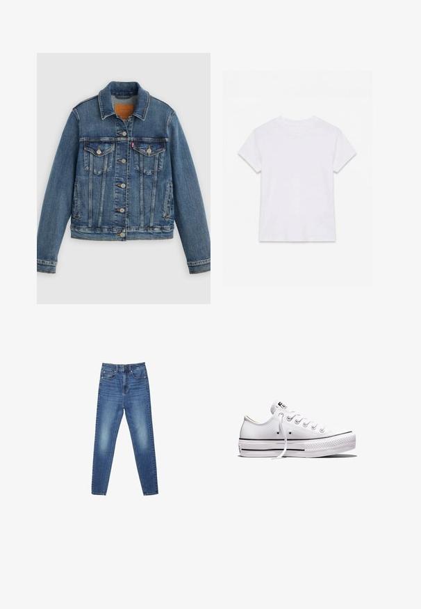 Blaue Denimjacke mit klassischem Schnitt, Knopfleiste, zwei Brusttaschen und Lederetikett. Verfügt über kontrastierende Nähte und eine leicht abgenutzte Textur.; Schlichtes weißes kurzärmliges Baumwoll-T-Shirt mit Rundhalsausschnitt, flach auf einem weißen Hintergrund liegend.; Blaue, hoch taillierte, schmal geschnittene Jeans aus Denim mit Taschen vorne und hinten, Knopfverschluss sowie dezenten Verwaschungen an Oberschenkeln und Knien.; Weißer Sneaker aus Segeltuch mit niedrigem Schnitt, weißen Schnürsenkeln, Gummisohle, schwarzen Streifendetails und Logopatch auf der Zunge und Ferse.