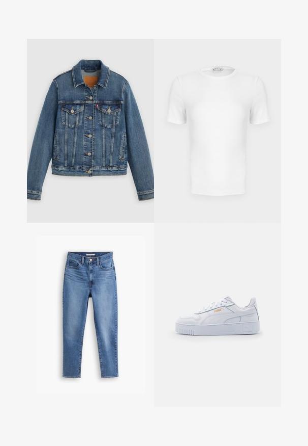 Blaue Denimjacke mit klassischem Schnitt, Knopfleiste, zwei Brusttaschen und Lederetikett. Verfügt über kontrastierende Nähte und eine leicht abgenutzte Textur.; Weißes, kurzärmeliges, geripptes T-Shirt mit Rundhalsausschnitt, figurbetontem Schnitt und kleinem Markenlabel im Krageninneren.; Blaue, hochgeschnittene Damenjeans mit vorderem Knopf- und Reißverschluss, Gürtelschlaufen und Fünf-Taschen-Design, flach auf weißem Hintergrund.; Weiße Leder-Sneaker mit einer klobigen Sohle, die über eine glatte Textur, ein minimalistisches Design, Seitenstreifen und ein kleines Logo-Detail verfügen.