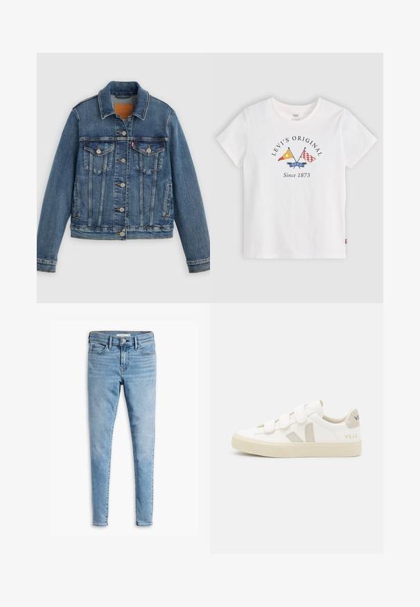 Blaue Denimjacke mit klassischem Schnitt, Knopfleiste, zwei Brusttaschen und Lederetikett. Verfügt über kontrastierende Nähte und eine leicht abgenutzte Textur.; Weißes Levi's T-Shirt mit kurzen Ärmeln, gekreuzten gelben und roten Flaggen und dem Text "Levi's Original Since 1873" in der vorderen Mitte.; Hellblaue superenge Jeans mit Knopf- und Reißverschluss vorne, Gürtelschlaufen und Design mit fünf Taschen.; Weiße Sneakers mit Klettverschluss, Wildlederakzenten in Beige, texturierten Gummi-Sohlen und grauem V-Logo. Minimalistisches Design, abgerundete Form.