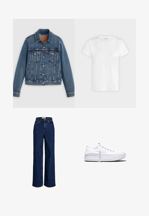 Veste en denim bleu coupe classique, boutons sur le devant, deux poches poitrine et étiquette en cuir. Présente des coutures contrastantes et une texture légèrement usée.; T-shirt blanc uni à manches courtes et col rond, posé à plat sur un fond gris clair, montrant le devant avec l'étiquette à l'intérieur du col.; Jean large taille haute bleu foncé avec poches avant, passants pour ceinture, fermeture par bouton et détails de coutures visibles.; Baskets basses blanches en toile avec semelle plateforme épaisse, lacets sur le devant et embout en caoutchouc texturé, vues de profil.