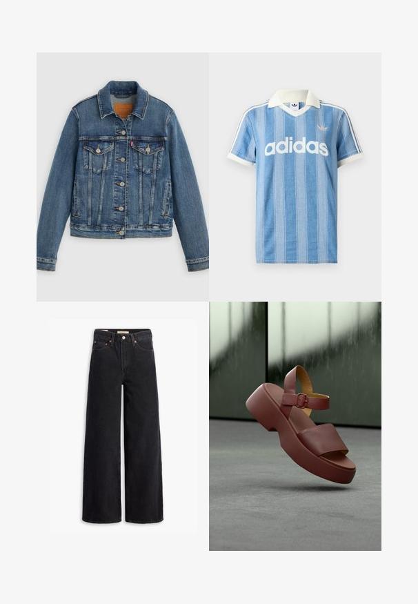 Blauwe spijkerjasje met klassieke pasvorm, knoopsluiting aan de voorkant, twee borstzakken en een leren label. Heeft contrasterende stiksels en een licht versleten textuur.; Lichtblauw poloshirt met korte mouwen, verticale strepen, witte accenten en een opvallend wit "adidas"-logo aan de voorkant.; Zwarte brede jeans gemaakt van denim, met vijf zakken, koperen klinknagels en een klassieke knoopsluiting. Glad van textuur met een strakke uitstraling.; Wijnrode platformsandaal met een brede band en verstelbare gesp. Glad leren buitenkant en een gestructureerde zool. Voorzien van een open teen ontwerp.