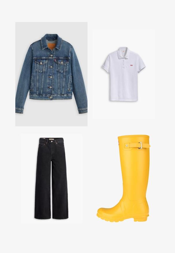 Blauwe spijkerjasje met klassieke pasvorm, knoopsluiting aan de voorkant, twee borstzakken en een leren label. Heeft contrasterende stiksels en een licht versleten textuur.; Witte polo shirt van katoen, met een klassieke kraag, een drie-knopen sluiting en een klein rood Levi's-logo op de linkerborst.; Zwarte brede jeans gemaakt van denim, met vijf zakken, koperen klinknagels en een klassieke knoopsluiting. Glad van textuur met een strakke uitstraling.; Geel rubberen regenlaars met een gladde oppervlakte, verstelbare gesp, en een gestructureerde zool voor grip. Hoge ontwerp, ronde neus en naadloze body.