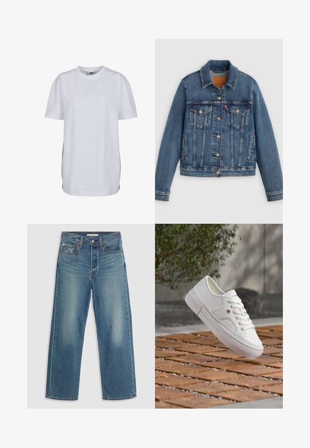 Veste en denim bleu coupe classique, boutons sur le devant, deux poches poitrine et étiquette en cuir. Présente des coutures contrastantes et une texture légèrement usée.; T-shirt blanc uni à manches courtes avec col rond, ourlet droit et petite étiquette de marque visible à l'intérieur du col.; Jeans en denim bleu clair avec une coupe droite. Les caractéristiques incluent une taille cousue, cinq poches et un délavage visible.; Baskets en cuir blanc avec des lacets et un petit logo rouge, blanc et bleu, flottant au-dessus d'une surface extérieure en bois et galets à motif.