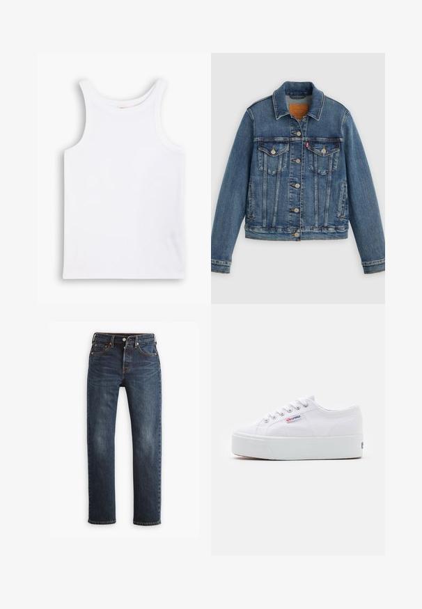 Blå denimjakke med klassisk pasform, knaplukning foran, to brystlommer og lædermærke. Har kontrast syninger og en let slidt struktur.; Hvid bomulds tanktop med brede skulderstropper, en rund halsudskæring og en glat, ribbet tekstur. Ingen mønstre eller detaljer til stede.; Levi's® 501® JEANS FOR WOMEN - Jeans Straight Leg - same intent; Hvide canvas sneakers med en tyk hvid platformssål, rund tå og metaløjelets til snørebånd. Mærkets logo præsenteret på siden.