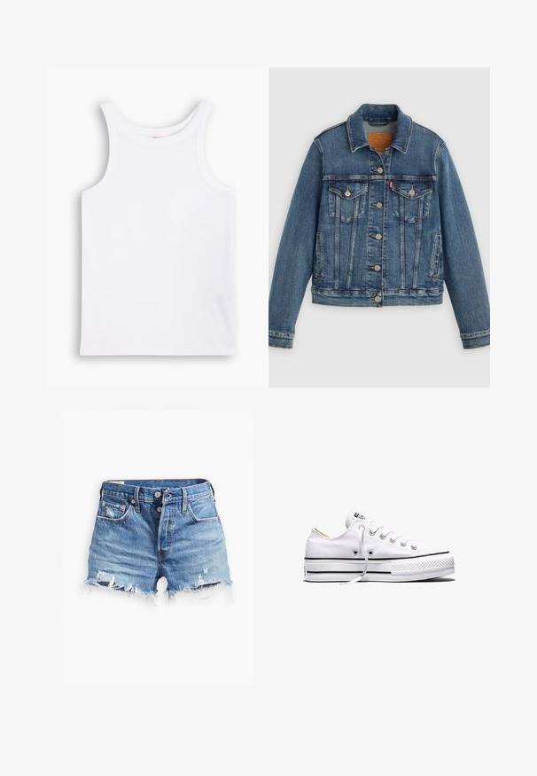 Blauwe spijkerjasje met klassieke pasvorm, knoopsluiting aan de voorkant, twee borstzakken en een leren label. Heeft contrasterende stiksels en een licht versleten textuur.; Witte katoenen tanktop met brede schouderbanden, een ronde halslijn en een gladde, geribbelde textuur. Geen patronen of accenten aanwezig.; Lichtblauwe denim shorts met rafelige zoom, een hoge taille, knoopsluiting en twee zijzakken; versleten details voegen textuur toe.; Witte lage canvas sneaker met witte veters, zwarte strepen op de zool en een rubberen, getextureerde neuskap, zijaanzicht op een witte achtergrond.