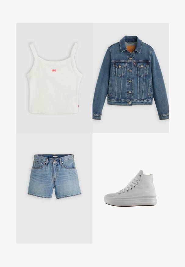 Veste en denim bleu coupe classique, boutons sur le devant, deux poches poitrine et étiquette en cuir. Présente des coutures contrastantes et une texture légèrement usée.; Crop top blanc côtelé avec fines bretelles et petit logo Levi's rouge au centre devant et sur la couture latérale.; Shorts en denim bleu clair, taille haute, avec cinq poches, une braguette zippée et un ourlet brut. Coutures classiques et texture légèrement délavée.; Baskets montantes en toile blanche avec lacets blancs, œillets métalliques, semelle épaisse en caoutchouc et bout texturé, orientées vers la gauche sur fond blanc.