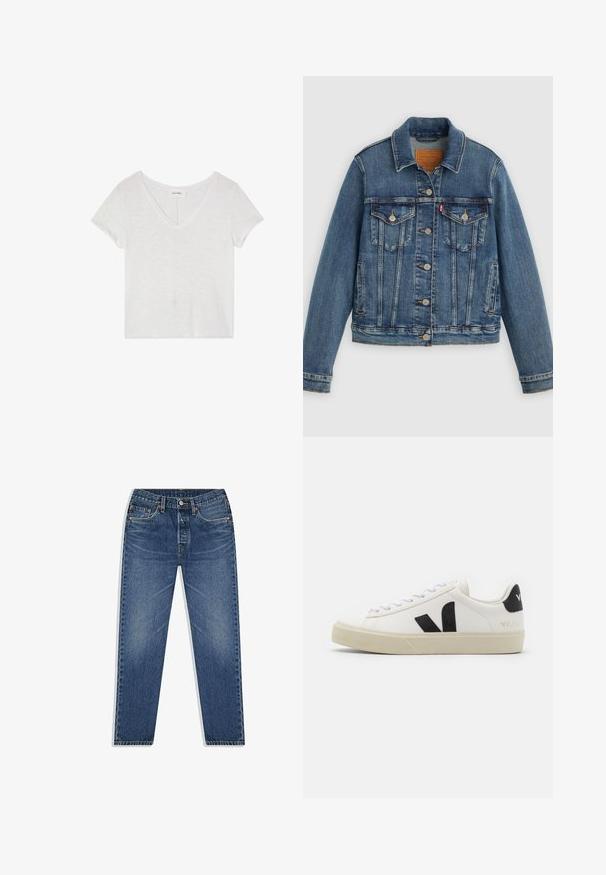 Blå denimjakke med klassisk pasform, knaplukning foran, to brystlommer og lædermærke. Har kontrast syninger og en let slidt struktur.; Hvid cropped t-shirt med v-udskæring og korte ærmer, lavet af let, let struktureret stof. Minimale mærker synlige nær kraven.; Blå denim jeans med lige ben-design, der har knap- og lynlåsgylpter, fem lommer og subtilt slid i vasken.; Hvide lædersneakers med sort gummiv V-logo. Tekstureret off-white sål, hvide snørebånd og bagside med brandnavn i sort.