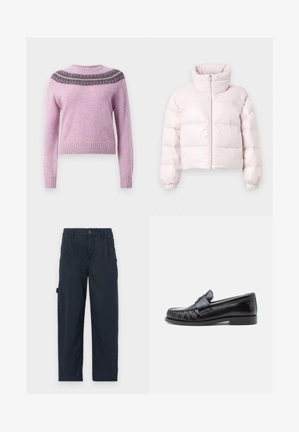 Veste matelassée courte rose clair avec col montant, fermeture éclair avant et poignets froncés. Présente un logo discret sur le haut de la poitrine à gauche.; Pull en laine rose avec un col rond, des manches longues et un empiècement décoratif à motifs en violet foncé et vert. Poignets et ourlet côtelés.; Pantalons cargo bleu marine en tissu respirant, dotés d'une fermeture à bouton, de poches latérales et d'une coupe décontractée avec des jambes droites.; Mocassins en cuir noir avec un bout arrondi, une couture distinctive et une bride décorative sur le cou-de-pied. Finition lisse et talon bas.