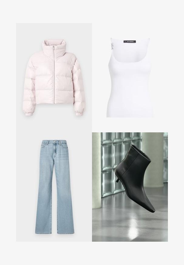 Lys lyserød cropped pufferjakke med høj krave, lynlås foran og elastiske ærmekanter. Har et diskret logo på øverste venstre bryst.; Hvid tanktop med en rund udskæring. Lavet af tekstureret stof. Har slanke skulderstropper og et mærketikette på bagsiden.; Lyseblå brede jeans lavet af denim, der har høj talje, frontlommer og diskret falmet stof gennem hele materialet.; Sort læderankelstøvle med spids tå og lav kitten-hæ, vist vinklet mod en poleret gulv- og glasblokvæg.