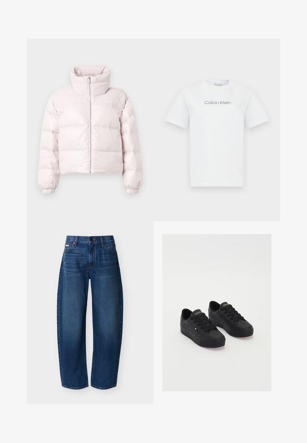 Lys lyserød cropped pufferjakke med høj krave, lynlås foran og elastiske ærmekanter. Har et diskret logo på øverste venstre bryst.; Hvid bomulds t-shirt med rund hals og korte ærmer. Den viser teksten "Calvin Klein" i grå på tværs af brystet.; Mørkeblå jeans med høj talje og lige ben, forlommer, bæltestropper, knaplukning og diskret falming på lårene.; Sorte lavtop sneakers lavet af glat materiale, med tykke snørebånd, en struktureret sål og et lille logo på siden og tungen.
