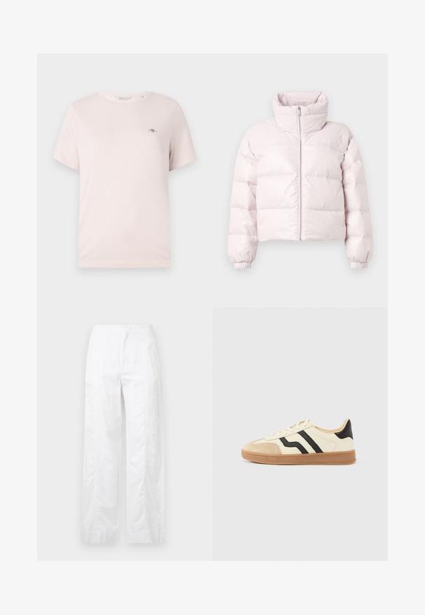 Veste matelassée courte rose clair avec col montant, fermeture éclair avant et poignets froncés. Présente un logo discret sur le haut de la poitrine à gauche.; T-shirt en coton rose clair avec col rond, manches courtes et petit logo sur la poitrine. Texture lisse, design décontracté.; Pantalons larges blancs en tissu léger, présentant une texture lisse, des lignes épurées et une taille haute.; Baskets à lacets avec une tige crème ornée de rayures noires et un bout en daim, complétées par une semelle en caoutchouc marron.