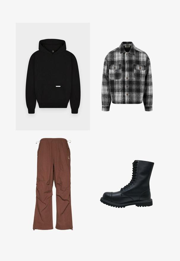 Chemise en flanelle à carreaux noir et blanc avec un col, deux poches avant et des boutons marron. Texture douce et design décontracté.; Sweat à capuche noir avec poche kangourou devant et petite étiquette rectangulaire sur la poche, présenté sur un fond clair uni.; Pantalons cargo marron avec une taille élastique et un cordon de serrage ajustable, dotés de poches latérales et d'une coupe décontractée. Texture lisse, tissu léger.; Bottines en cuir noir à lacets avec un bout rond, une tige haute, une semelle en caoutchouc épaisse et une surface texturée. Comprend des piqûres renforcées le long des coutures.