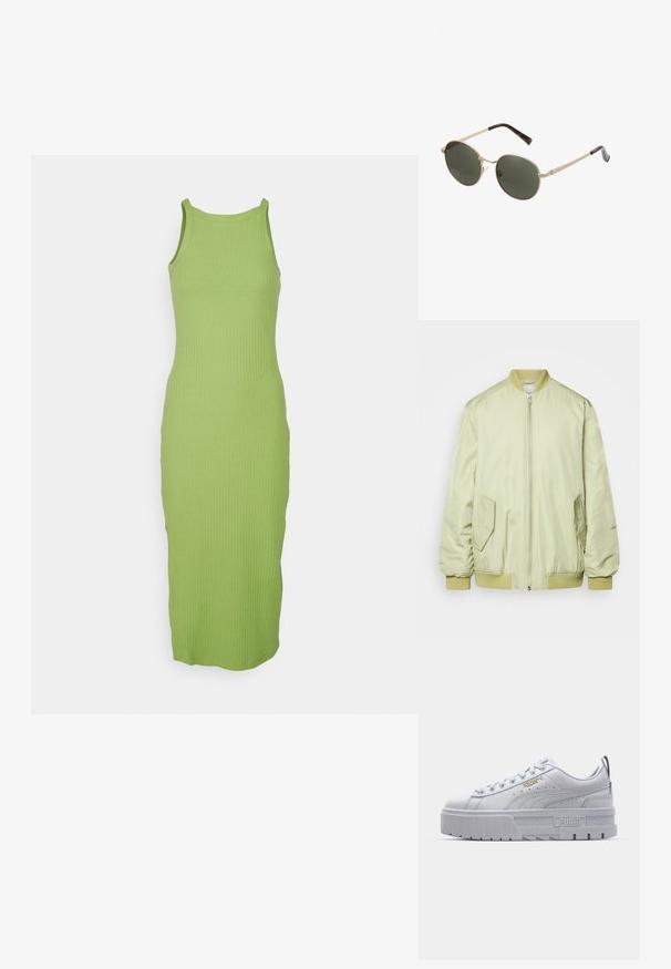 Monki Manteau court - khaki; Robe débardeur en tricot de couleur vert vif avec une texture côtelée, dotée d'un col rond et d'une silhouette ajustée, arrivant au milieu du mollet.; Baskets plateformes blanches avec une tige en cuir lisse, un col rembourré, une semelle en caoutchouc grise et des accents dorés arborant le logo Puma.; Lunettes de soleil rondes avec des montures en métal doré et des verres vert foncé. Les branches présentent un design écaille de tortue pour un détail supplémentaire.