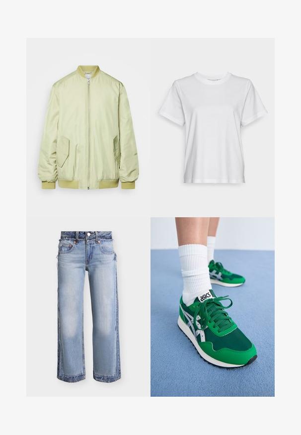 Monki Manteau court - khaki; T-shirt en coton blanc à manches courtes, col rond et coupe décontractée. Texture lisse, sans motifs ni graphiques, design basique.; Jean large bleu clair avec panneaux en denim superposés, bords effilochés, et design standard à cinq poches.; Baskets en maille verte et synthétique avec des accents blancs et une semelle en caoutchouc noire. Comprend des lacets, un col rembourré et le logo ASICS sur la languette.