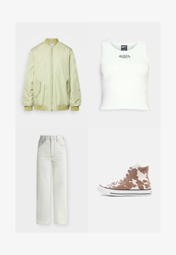 Monki Κοντό παλτό - khaki; Λευκό ριμπ κροπ τοπ με στρογγυλή λαιμόκοψη και το λογότυπο "Von Dutch" σε μαύρο χρώμα στο κέντρο. Κατασκευασμένο από ελαστικό ύφασμα από βαμβακερό μείγμα.; Τζιν με ψηλή μέση και ίσια γραμμή σε ανοιχτό μπλε χρώμα, με κουμπί μπροστά, φερμουάρ και πεντάτσεπη σχεδίαση.; Πάνινα παπούτσια υψηλού λαιμού με καφέ και λευκό μοτίβο δέρματος αγελάδας, λευκή λαστιχένια σόλα, μεταλλικές τρύπες για κορδόνια και κλασικές μαύρες ρίγες.